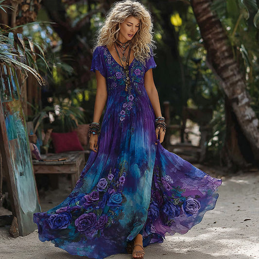 OndineStudios Women's Retro Purple Blue Rose Gradient Pattern Short-sleeved Dress