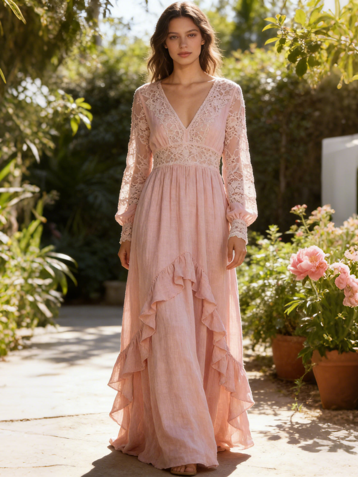 OndineStudios Vintage Boho Pink Print Long Sleeve Flowy Maxi Dress