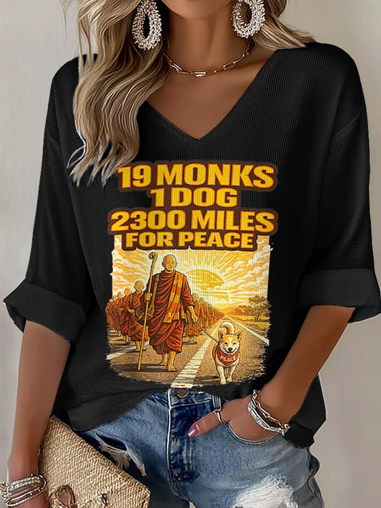 OndineStudios V-Neck Retro Walk For Peace 19 Monks 1 Dog 2300 Miles For Peace Print T-Shirt