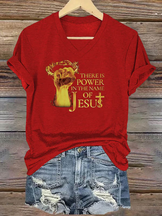 OndineStudios Women's There Power In The Name Of Jesus Pattern Print V Neck Casual T-Shirt