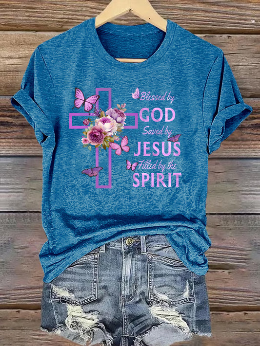 OndineStudios Blessed by God Saved by Jesus Filled by the Spirit T-Shirt - Christian Cross Faith Graphic Tee