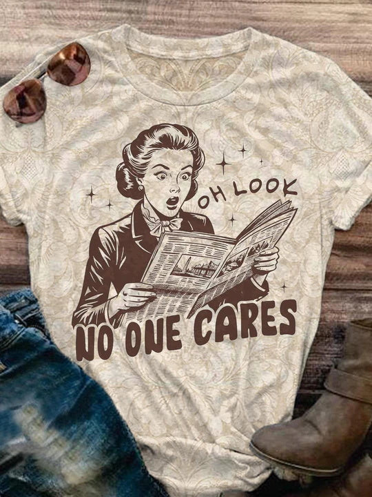 OndineStudios No One Cares Retro Graphic Printed Crew Neck Women's T-shirt