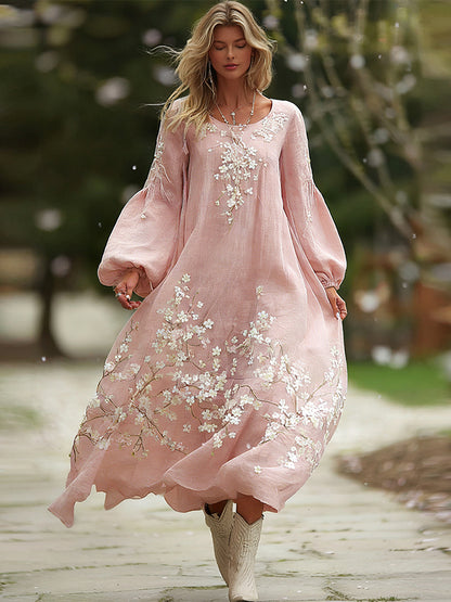 OndineStudios Women's Bohemian Cherry Blossom Pattern Casual Round Neck Long Sleeve Dress