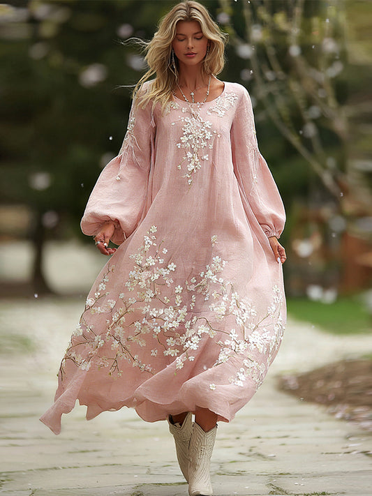 OndineStudios Women's Bohemian Cherry Blossom Pattern Casual Round Neck Long Sleeve Dress