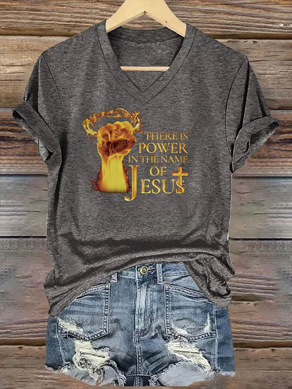 OndineStudios Women's There Power In The Name Of Jesus  Pattern Print V Neck Casual T-Shirt