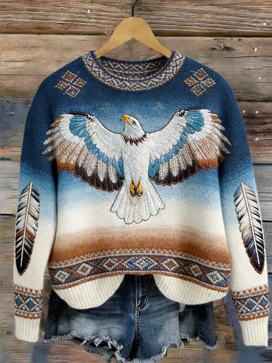 OndineStudios Vintage Eagle Western Ethnic Gradient Cozy Knit Sweater
