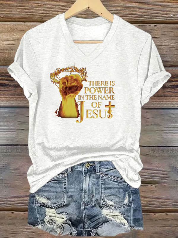 OndineStudios Women's There Power In The Name Of Jesus  Pattern Print V Neck Casual T-Shirt