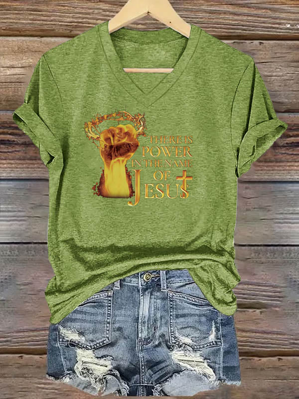 OndineStudios Women's There Power In The Name Of Jesus  Pattern Print V Neck Casual T-Shirt