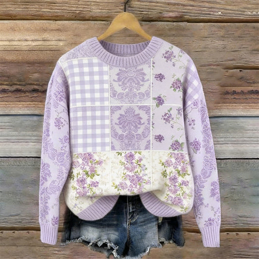 OndineStudios Boho Floral Patchwork Art Pattern Women's Casual Sweater
