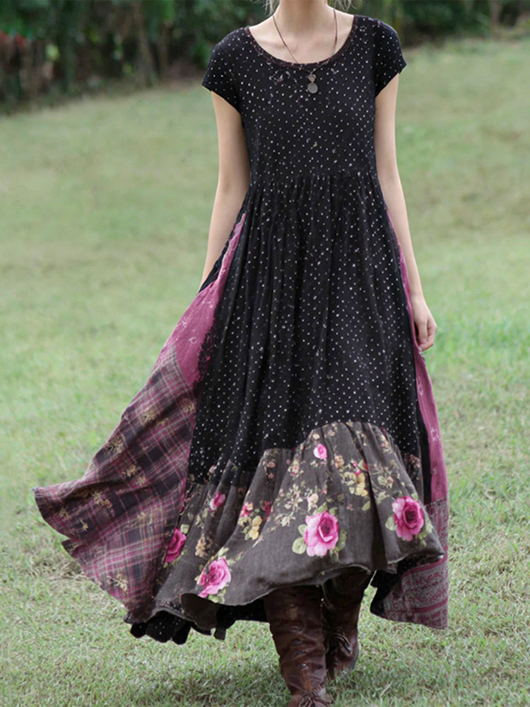 OndineStudios Women's Vintage Pink Rose And Plaid Patchwork Short-sleeved Dress