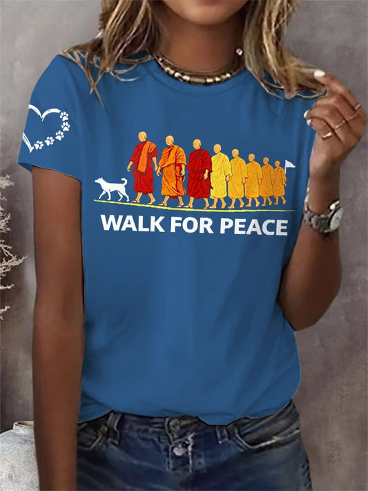 OndineStudios Retro Walk For Peace Monks With Aloka Dog Print T-Shirt