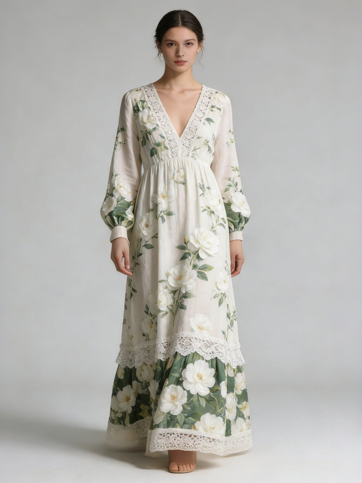 OndineStudios Vintage Boho Print V Neck Long Sleeve Flowy Maxi Dress