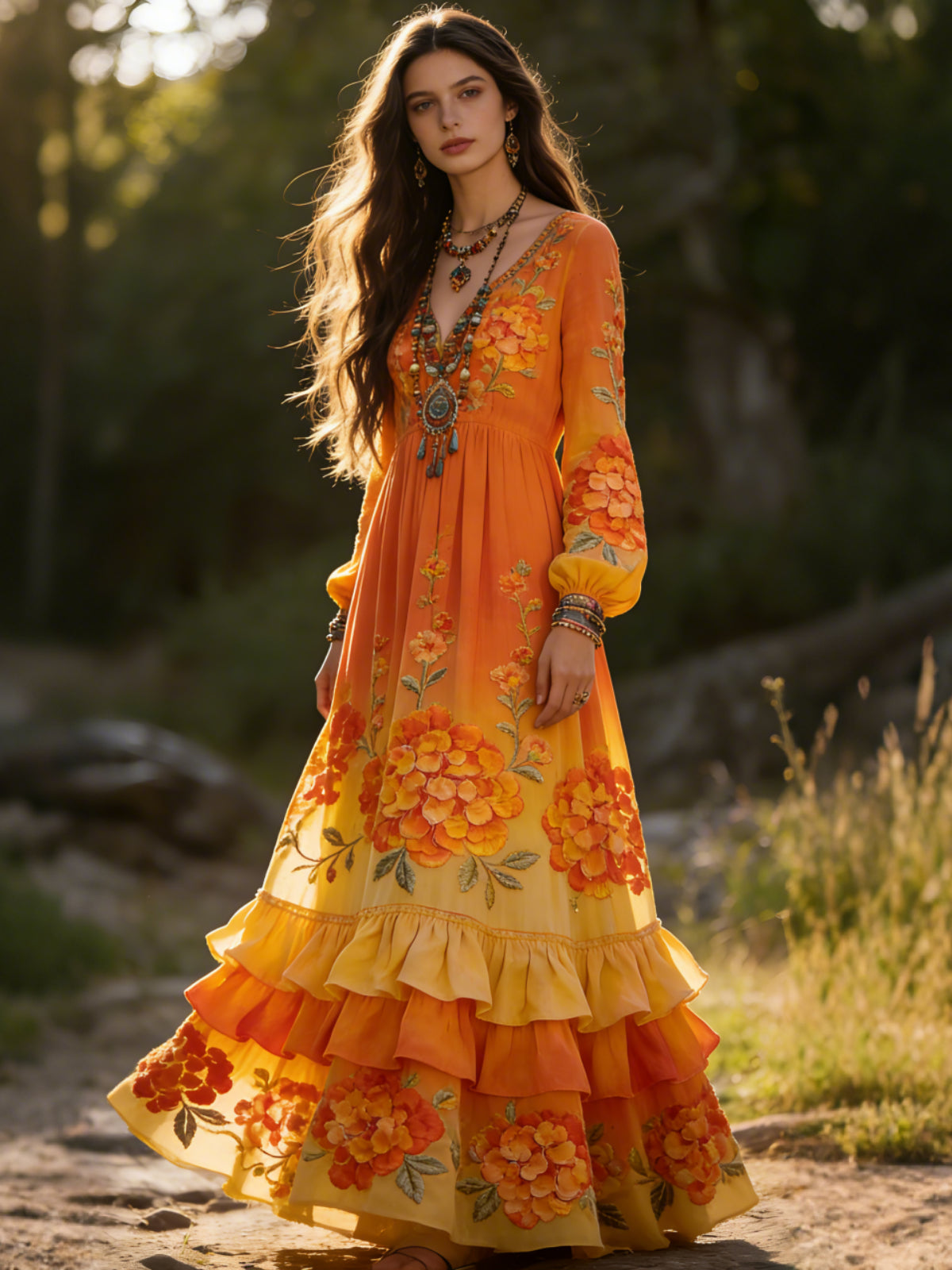 OndineStudios Vintage Boho Print V Neck Long Sleeve Flowy Maxi Dress