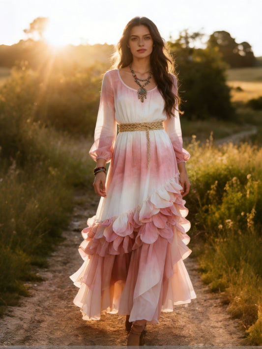 OndineStudios Vintage Boho Print Long Sleeve Flowy Maxi Dress