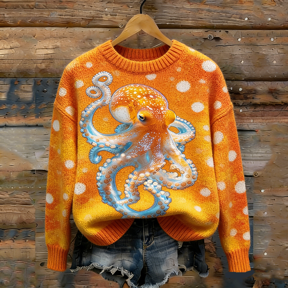 OndineStudios Retro Polka Dot Octopus Pattern Round Neck Sweater
