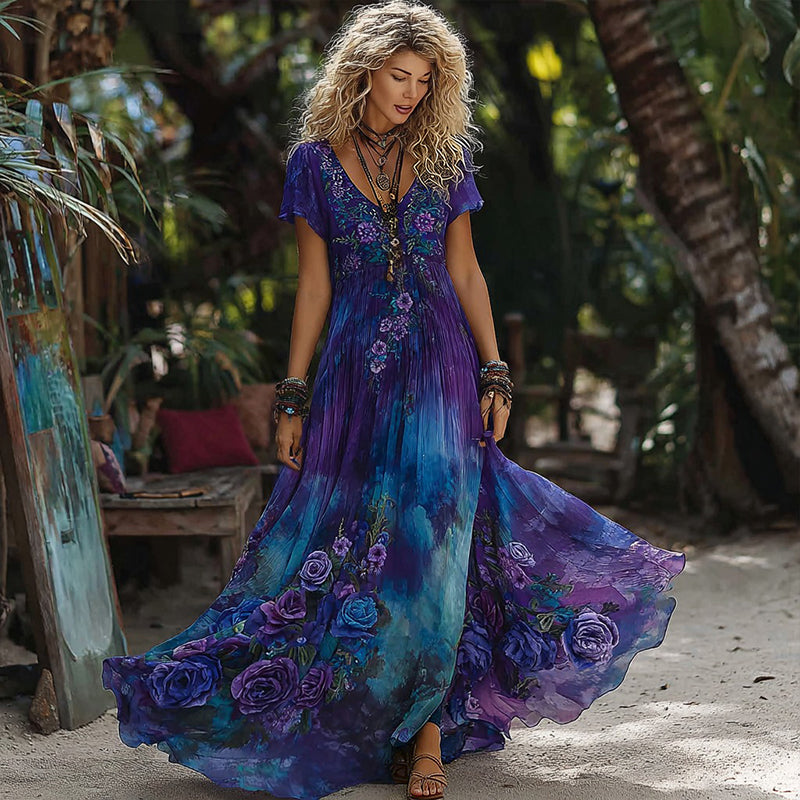 OndineStudios Women's Retro Purple Blue Rose Gradient Pattern Short-sleeved Dress