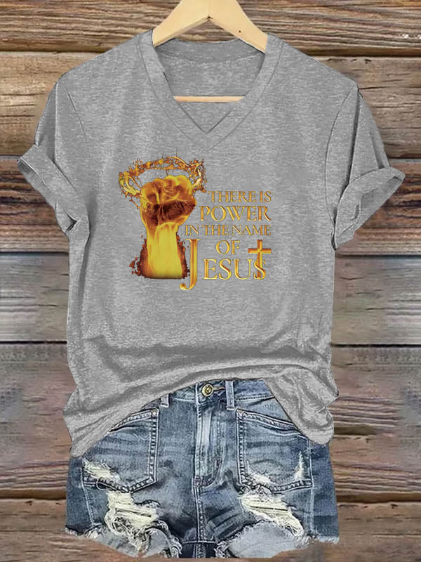 OndineStudios Women's There Power In The Name Of Jesus  Pattern Print V Neck Casual T-Shirt