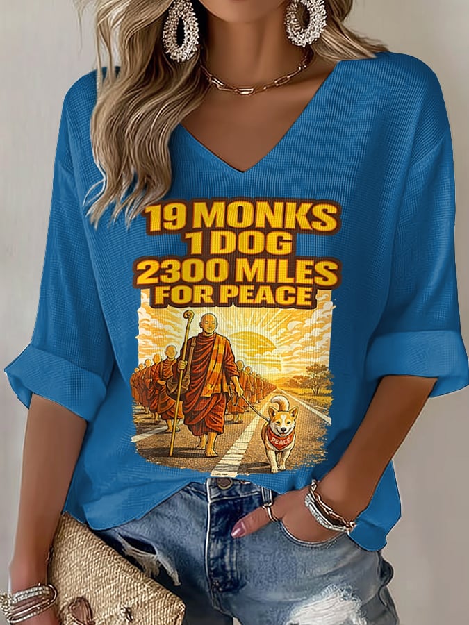 OndineStudios V-Neck Retro Walk For Peace 19 Monks 1 Dog 2300 Miles For Peace Print T-Shirt