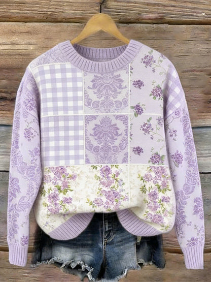 OndineStudios Boho Floral Patchwork Art Pattern Women's Casual Sweater