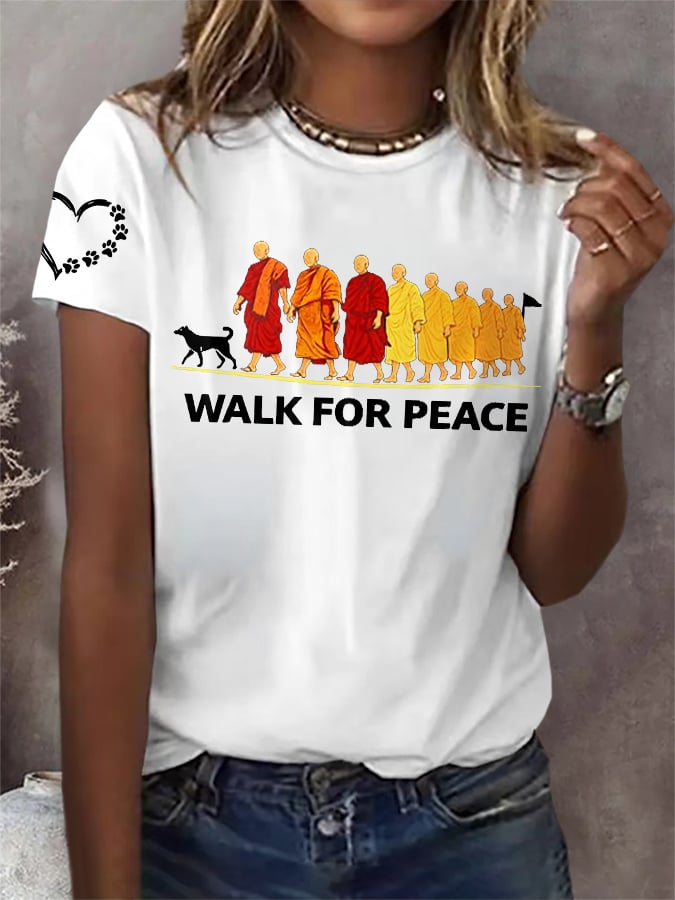 OndineStudios Retro Walk For Peace Monks With Aloka Dog Print T-Shirt