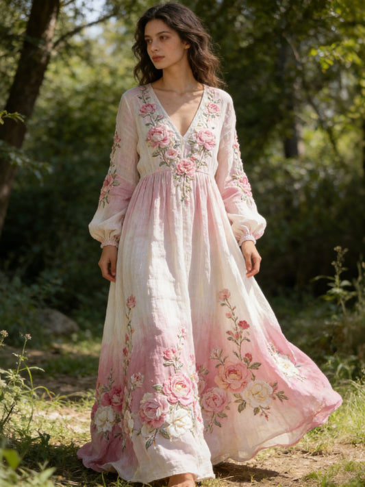 OndineStudios Vintage Boho Pink Print V Neck Long Sleeve Flowy Maxi Dress