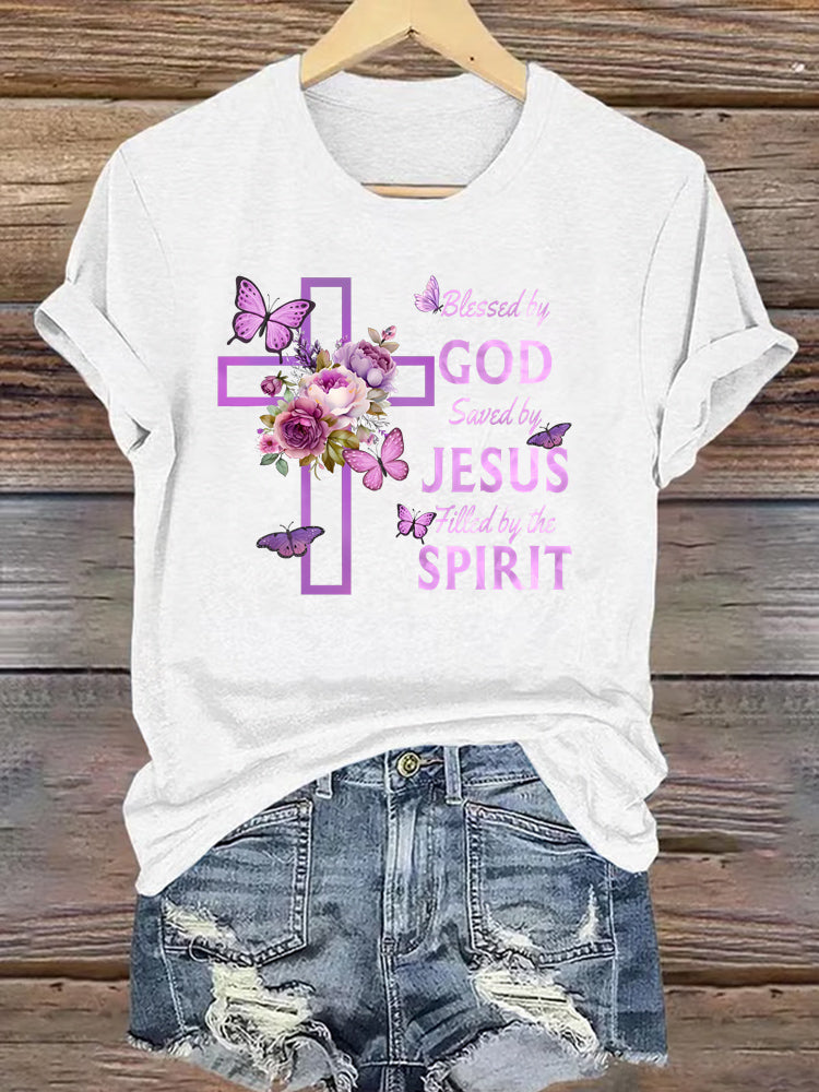 OndineStudios Blessed by God Saved by Jesus Filled by the Spirit T-Shirt - Christian Cross Faith Graphic Tee