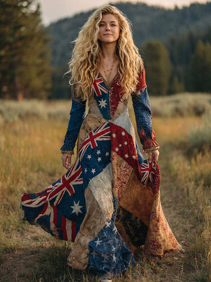 OndineStudios Women's Australian Flag Floral Patchwork Art Comfy Linen V-neck Dress