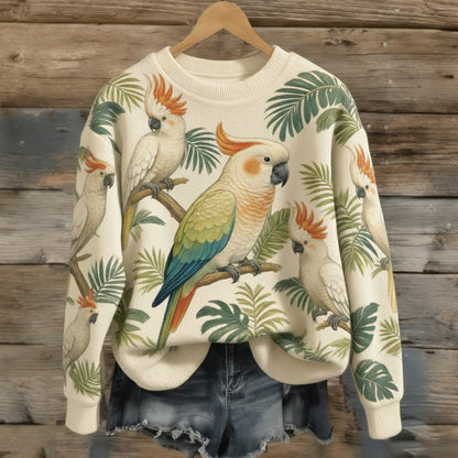 OndineStudios Women's Australian Cockatoo Pattern Comfortable Knit Crew Neck Sweater