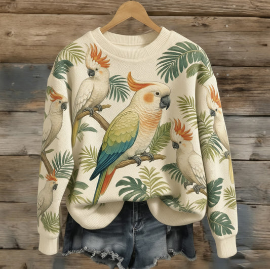 OndineStudios Women's Australian Cockatoo Pattern Comfortable Knit Crew Neck Sweater