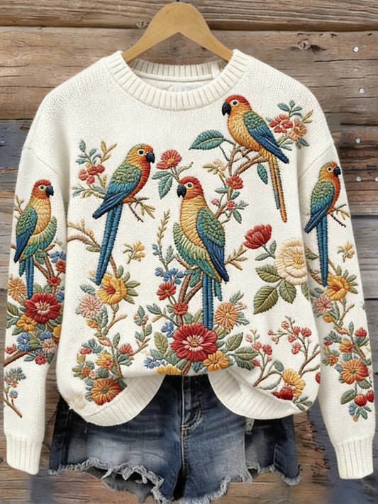 OndineStudios Women's Vintage Parrot Floral Art Cozy Knit Sweater