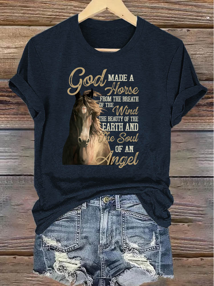 OndineStudios God Made a Horse from the Breath of the Wind T-Shirt - Christian Horse Lover Gift Tee - Religious Faith Graphic Top