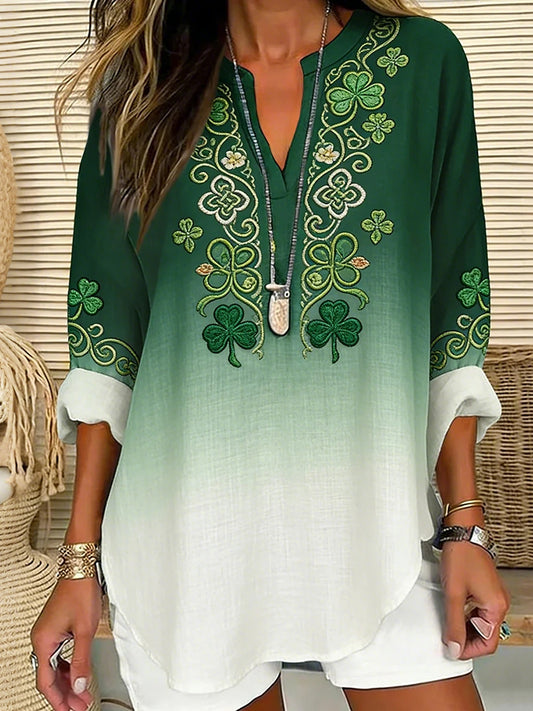 OndineStudios Women's St. Patrick's Day Shamrock Gradient Pattern V-neck T-shirt