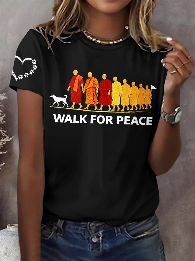 OndineStudios Retro Walk For Peace Monks With Aloka Dog Print T-Shirt