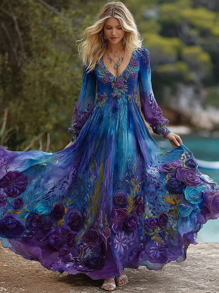 OndineStudios Women's Vintage Rose Floral Gradient Pattern V-neck Long-sleeved Dress