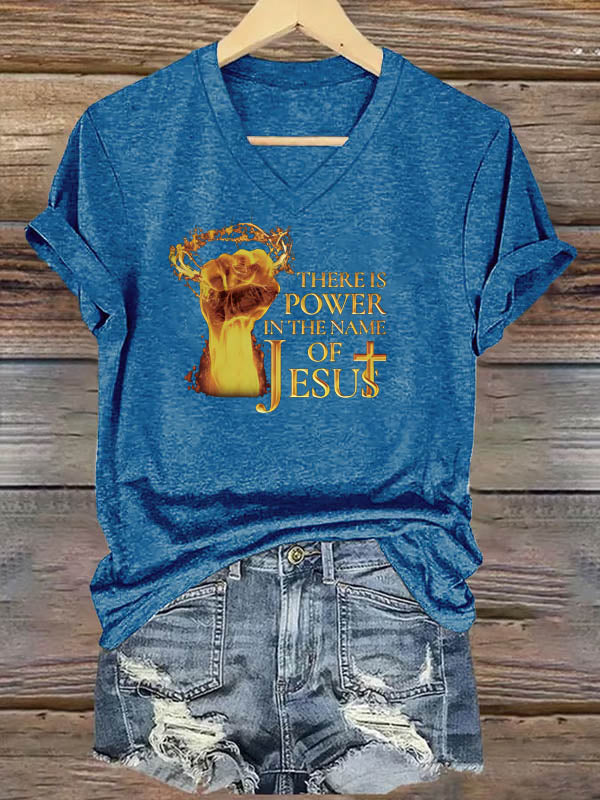 OndineStudios Women's There Power In The Name Of Jesus  Pattern Print V Neck Casual T-Shirt