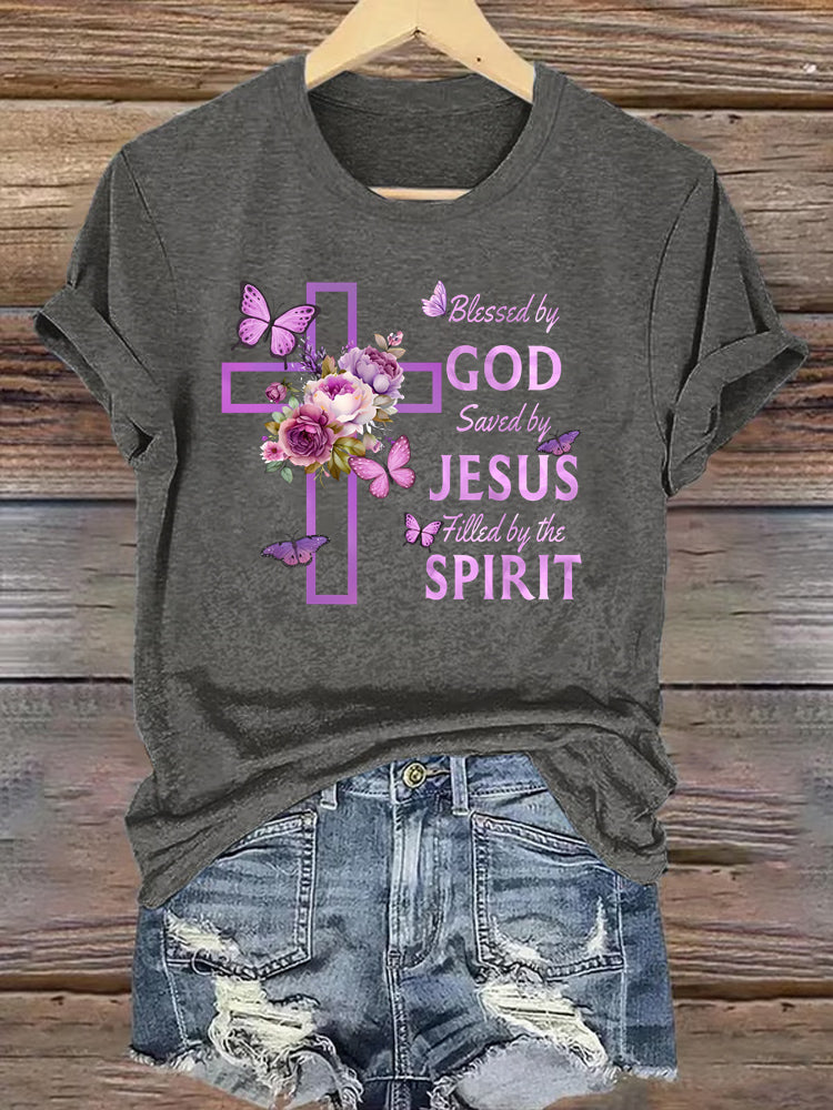 OndineStudios Blessed by God Saved by Jesus Filled by the Spirit T-Shirt - Christian Cross Faith Graphic Tee