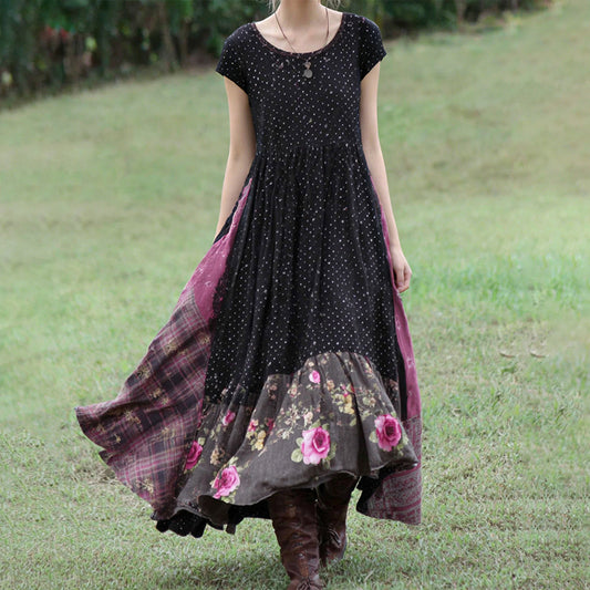 OndineStudios Women's Vintage Pink Rose And Plaid Patchwork Short-sleeved Dress