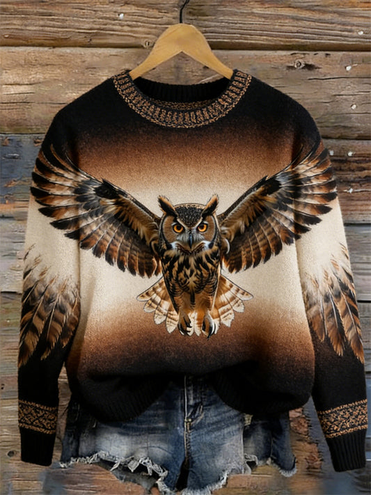 OndineStudios Vintage Owl & Wings Gradient Cozy Knit Sweater