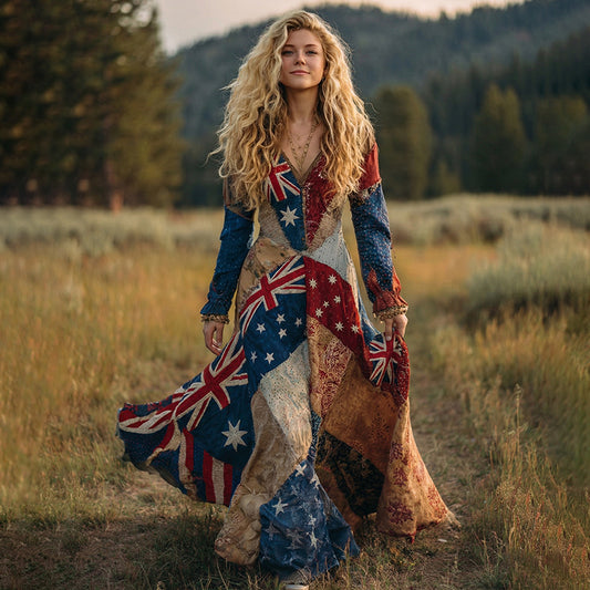 OndineStudios Women's Australian Flag Floral Patchwork Art Comfy Linen V-neck Dress