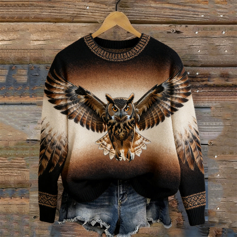 OndineStudios Vintage Owl & Wings Gradient Cozy Knit Sweater