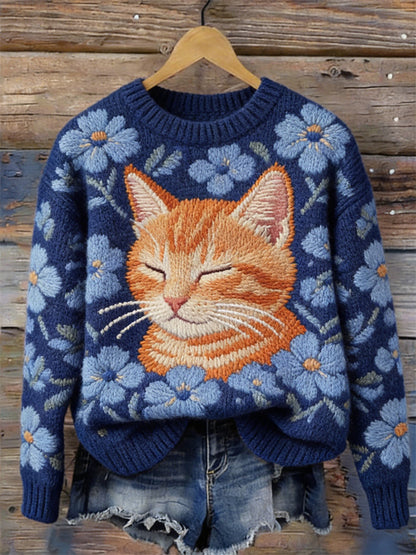 OndineStudios Lovely Dozing Cat Floral Cozy Knit Sweater