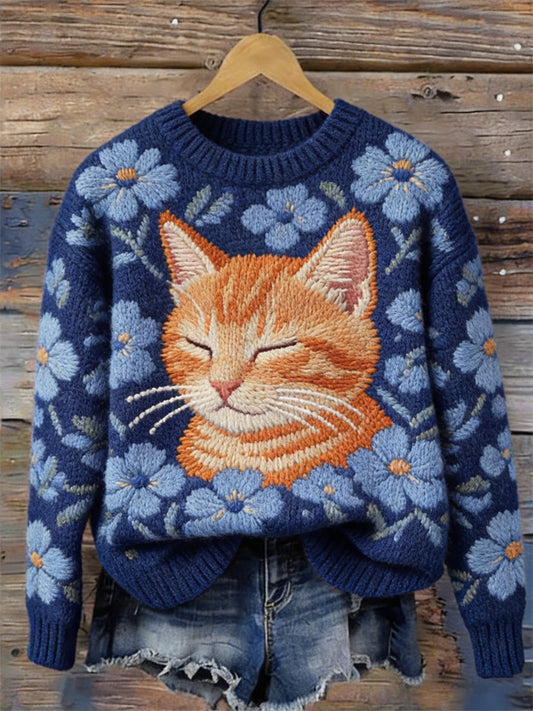 OndineStudios Lovely Dozing Cat Floral Cozy Knit Sweater