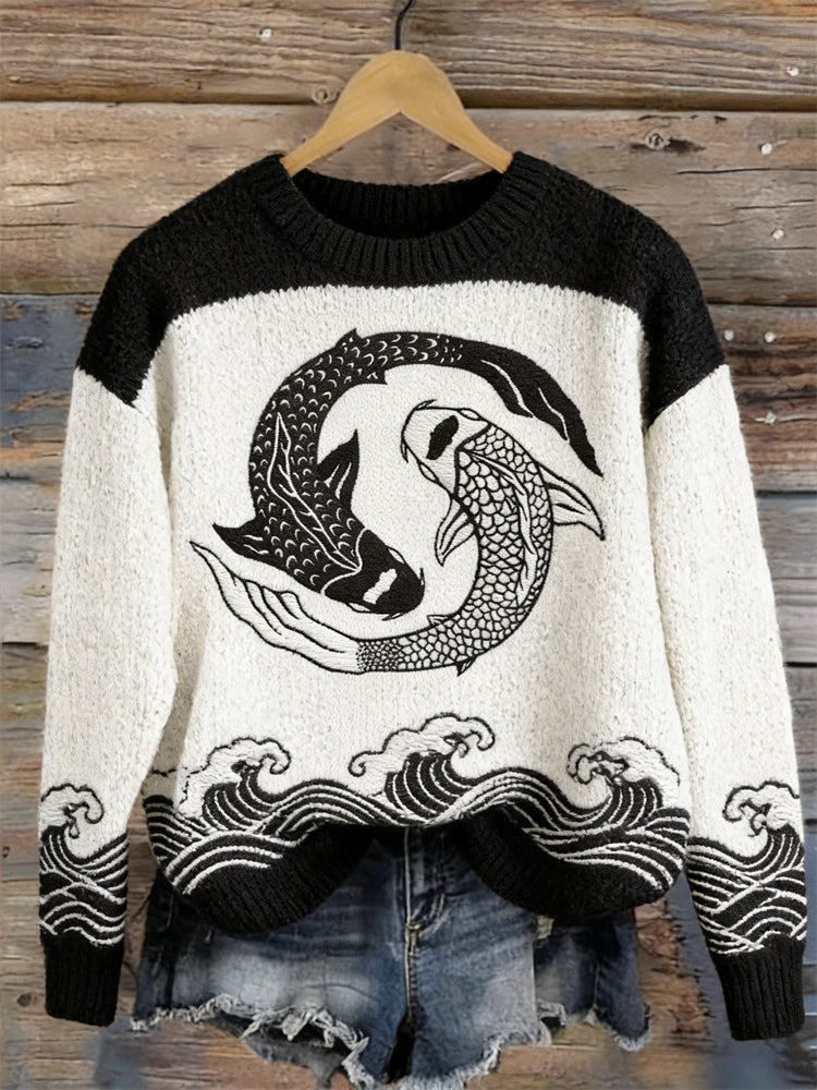 OndineStudios Japanese Koi Carp Fish Sea Waves Contrast Cozy Knit Sweater