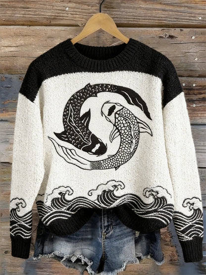 OndineStudios Japanese Koi Carp Fish Sea Waves Contrast Cozy Knit Sweater