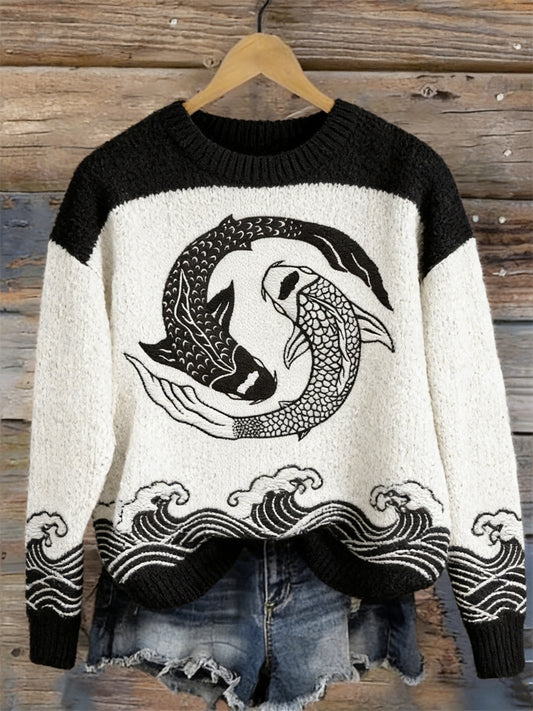 OndineStudios Japanese Koi Carp Fish Sea Waves Contrast Cozy Knit Sweater