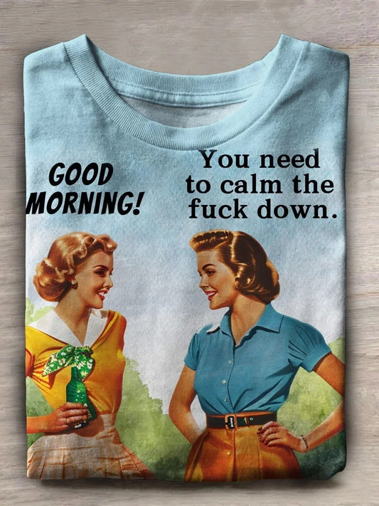 OndineStudios Good Morning Retro Printed Crew Neck Women's T-shirt