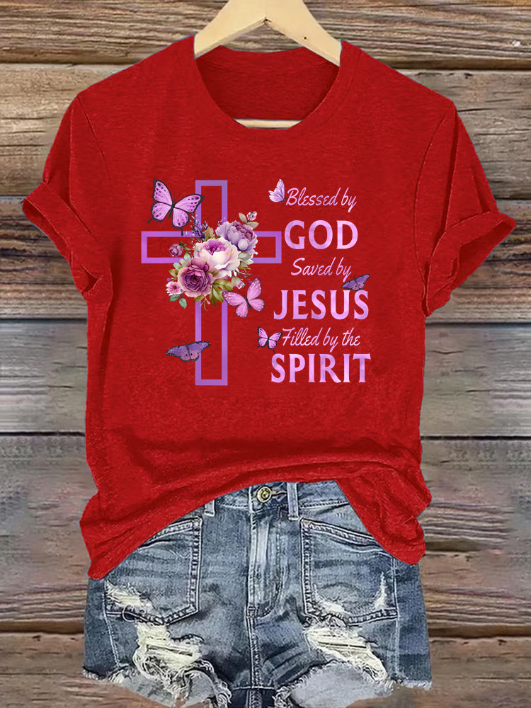 OndineStudios Blessed by God Saved by Jesus Filled by the Spirit T-Shirt - Christian Cross Faith Graphic Tee