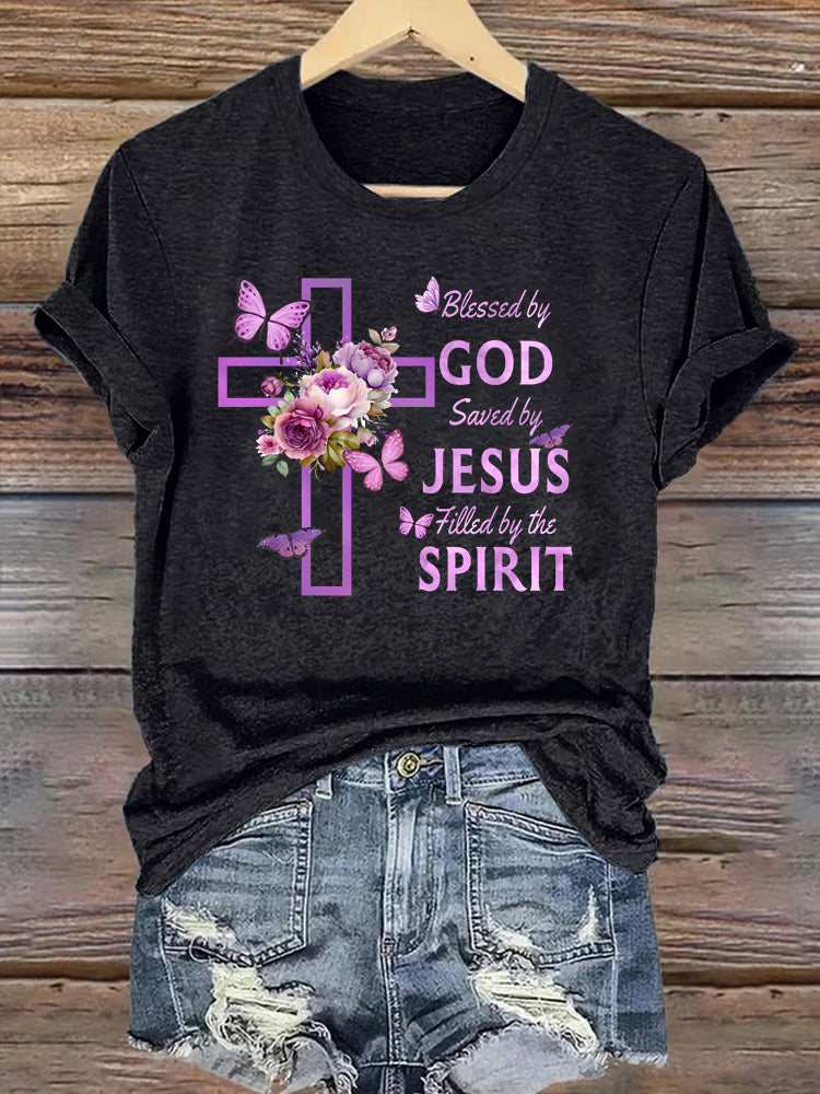 OndineStudios Blessed by God Saved by Jesus Filled by the Spirit T-Shirt - Christian Cross Faith Graphic Tee
