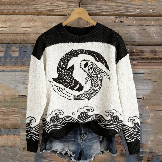 OndineStudios Japanese Koi Carp Fish Sea Waves Contrast Cozy Knit Sweater