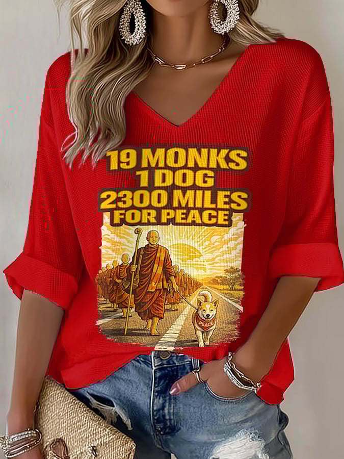 OndineStudios V-Neck Retro Walk For Peace 19 Monks 1 Dog 2300 Miles For Peace Print T-Shirt